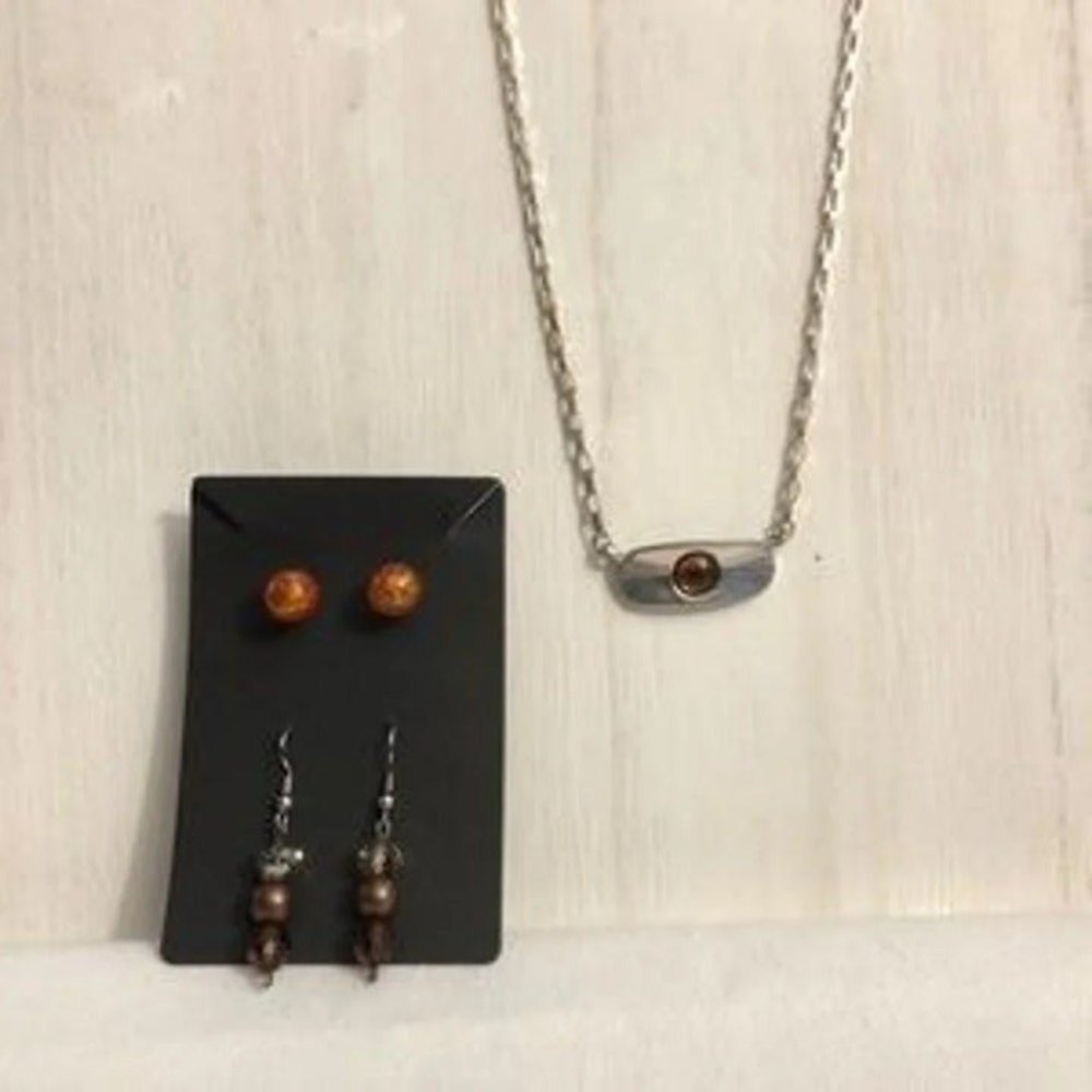 Ball Bead Necklace 2 Pairs of Earrings Silver Tone